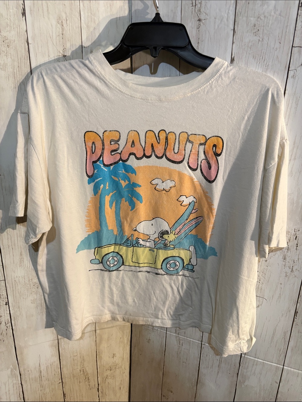 Peanuts Cream Crop Tee with Multicolor Retro Surf Graphic